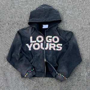 Custom Logo Rhinestone <b>Work</b> Zipper-up Hoodie Bling Graphic Design Sweatshirt Streetwear Hip Hop Acid Wash Crystal Hoodies - Product Image 6