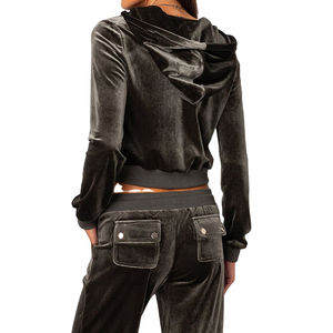 Custom Velvet Tracksuit Two Piece Embroidery Flared Pant <b>Cropped</b> Hoodie Sets <b>Zip</b> <b>up</b> Rhinestone Velour Tracksuit for Women - Product Image 2