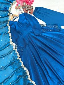 Conjunto de traje Anarkali azul largo hasta el suelo con dupatta de georgette y red bordada, protección solar, ropa étnica para mujer para bodas y festivales - Product Image 5