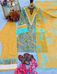 Yellow <b>Blue</b> <b>Lace</b> Woven Printed Women Salwar Kameez Set Long <b>Top</b> Wide Leg Pants Shawl Pakistani Outfit - Product Image 5