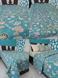 Couvre-lit imprimé floral et oiseaux, style bohème, moderne, toutes saisons, en denim patchwork, rembourrage en coton fait main, pour usage domestique - Product Image 3