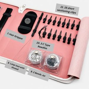 Kit d'outils pour extensions de cheveux Luminex, étui portable rose à l'intérieur et blanc à l'extérieur, avec pinces, aiguilles, ciseaux, pincettes - Product Image 3