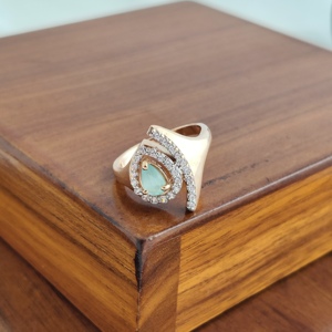 Namivaa 18K Rose Gold Green Gemstone Pear Shape <b>Ring</b> Diamond Halo Modern Curved <b>Statement</b> Design Women Wedding Party Fine - Product Image 2