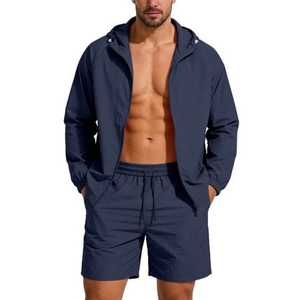 Ensemble short et sweat à capuche deux pièces pour homme, survêtement tendance, veste coupe-vent légère à blocs de couleur avec fermeture éclair, ensembles courts pour homme - Product Image 3