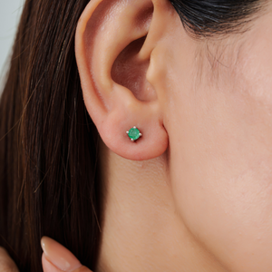 Minimal Round Cut Natural Emerald Gemstone 925 Sterling <b>Silver</b> <b>Stud</b> Unisex May Birthstone Earrings Fine Jewelry - Product Image 2