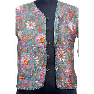 Handmade Short Reversible Eco-Friendly Cotton Breathable Quick Dry Vintage <b>Quilted</b> Autumn <b>Jacket</b> Button Closure Full Sleeves - Product Image 4