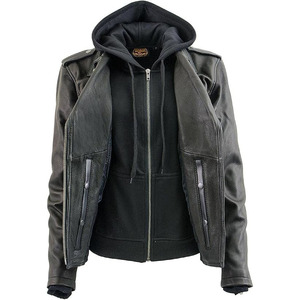 SAMROZ SPORTS Women's Premium Leather Motorcycle Riding Jacket With Removable Hoodie Liner - Product Image 2