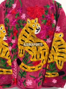 <b>Pink</b> Velvet Mandarin Collar Blouson Full Sleeve Embroidered Floral Pattern Quick Dry Cotton Lined Short Women's <b>Jacket</b> Autumn - Product Image 6