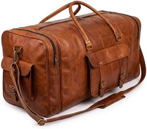 Sac de voyage unisexe en cuir véritable, grande capacité, style vintage, fermeture éclair, bandoulière réglable, style classique - Product Image 1