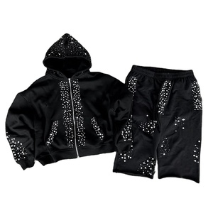 Ensemble de survêtement pour homme en molleton de coton avec strass, comprenant un sweat à capuche et un short, couleur unie, respirant, coupe ample, tenue chaude pour l'hiver - Product Image 1