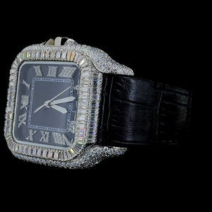 Designer Quartz Movement Square Dial Baguette Cut Moissanite Diamond <b>Black</b> Leather Band Fashion <b>Watch</b> Anniversary Gift for <b>Man's</b> - Product Image 2