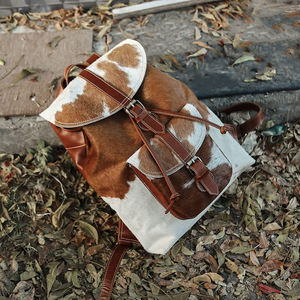 Sac à dos en cuir véritable de vachette à poils avec fermeture éclair et motif lettres, sac de voyage tendance pour ordinateur portable et école HNBP-0091 - Product Image 1