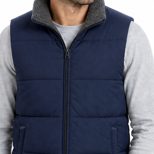 Chaleco Acolchado Azul Marino Premium para Hombre, Cuello Alto, Cierre de Cremallera, Resistente al Viento, Chaqueta Casual de Invierno, Relleno de Poliéster, Bolsillos - Product Image 3