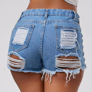 Women's High Waist <b>Black</b> Denim <b>Shorts</b> Asymmetric Ripped Lace Up Hollow Out Sexy Summer Style - Product Image 5