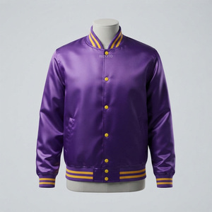 REDDITO SPORTS Men's <b>Purple</b> <b>Varsity</b> <b>Jacket</b> Solid Color Turn-down Collar Button Closure Casual Autumn Wear Regular Fit Satin - Product Image 1