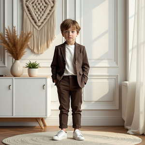 Kids Boys Chocolate Brown 2 Piece Suit <b>Blazer</b> and Pants <b>Set</b> Smart Casual Wedding Party Formal Wear - Product Image 1
