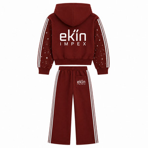 Ekin Impex Men's <b>Maroon</b> Hooded Sweatsuit Set Solid Color Stripe Design Casual Wear Autumn Season 100% Cotton Fleece Fabric - Product Image 2