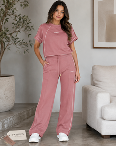 Ensemble de survêtement rose pour femme Fawkes, col rond, manches courtes, coupe ample, pantalon long avec poches latérales, cordon de serrage, décontracté, printemps - Product Image 1
