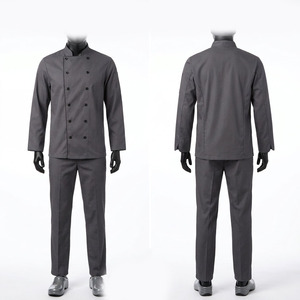 ชุดยูนิฟอร์มเชฟผ้าฝ้ายพรีเมียม Black Hardson สีเทาชาร์โคล เสื้อแจ็คเก็ตแบบกระดุมสองแถว แขนครึ่งตัว กางเกงขายาว 200 GSM พร้อมปักโลโก้ตามสั่ง - Product Image 1