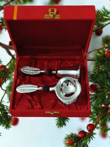 Metal Craft Feather Hand Bell <b>Set</b> with Stand Silver-Plated Offset Printing Gift Box Decorative <b>Desk</b> Accessory - Product Image 4