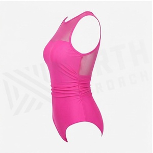 Women High Neck One Piece Swimsuit Solid Pink Mesh Panel Stretch Bodysuit Regular Fit High Waist Swimwear - Product Image 3