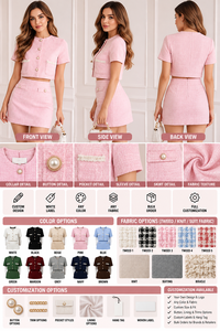 Women’s <b>2</b>-<b>Piece</b> Tweed-Style Button Front <b>Top</b> & Mini <b>Skirt</b> <b>Set</b> Pink Tweed <b>2</b> <b>Piece</b> <b>Set</b> Short Sleeve Crop <b>Top</b> Women's <b>Skirts</b> - Product Image 3