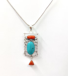Modern Designer Multi-Stone Pendant Sterling Silver Featuring Turquoise & <b>Coral</b> - Fine <b>Jewelry</b> Handmade Collection Wholesale - Product Image 2