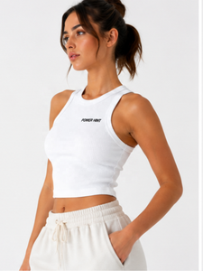 Débardeur côtelé en maille pour femme, coupe ajustée, dos nageur, blanc, avec logo personnalisé, pour le sport, la gym, le streetwear décontracté, style crop top - Product Image 5