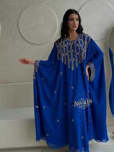 Awais House Blue Embroidered Abaya Long Sleeve Floor Length Modest Dress Women Daily Wear India Pakistan Style Polyester - Product Image 5