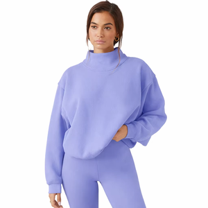 <b>Ladies</b> Winter <b>Long</b> Terry Mock Neck <b>Sweatshirt</b> Women Stretchable Crew Neck Solid Color Casual Wear Breathable Fabric High Quality - Product Image 1