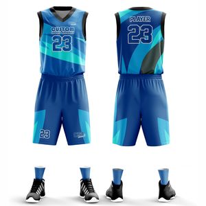 Ensemble de maillots de basket-ball à motif géométrique, impression sublimée, col en V, sans manches, unisexe, adulte, polyester / coton, uniforme de basket-ball - Product Image 1
