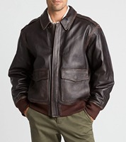 Blouson aviateur vintage marron en cuir pleine fleur véritable pour homme, col rabattu, fermeture éclair, poches avant, style pilote, fabricant