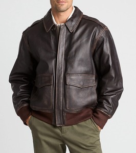 Chaqueta Bomber de Cuero Genuino Marrón Vintage para Hombre, con Cuello Camisero, Cierre de Cremallera, Bolsillos Delanteros, Estilo Aviador, Fabricante - Product Image 1
