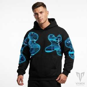 เสื้อฮู้ดผู้ชาย VANEK สีดำ ผ้าฟลีซ พิมพ์ลายวงจรสีนีออนสีน้ำเงิน ทรงปกติ สไตล์สตรีทแวร์รักษ์โลก เหมาะสำหรับใส่ในฤดูใบไม้ผลิ - Product Image 3