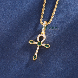 925 Silver Hiphop 18K Gold Plated <b>Ankh</b> Cross Charm <b>Pendant</b> with Moissanite and Green Gemstones Religious Unisex Jewelry - Product Image 3