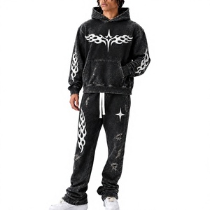 Ensemble de survêtement personnalisé pour homme : sweat à capuche brodé et pantalon évasé, style streetwear vintage délavé, haute qualité - Product Image 1