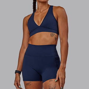 Soutien-gorge de sport pour femme, col en V profond, dos nageur, bleu marine uni, maintien moyen, sans coutures, respirant, pour yoga et fitness - Product Image 4