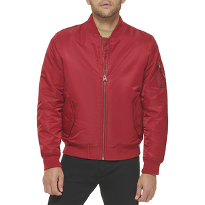 Men's <b>Red</b> Bomber <b>Jacket</b> Solid Color Zipper Closure Stand Collar Casual Style Polyester Material Autumn Wear - Product Image 1