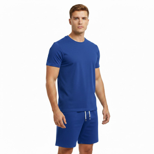 Ensemble T-shirt et short en coton bleu pour homme, col rond, décontracté, respirant, tricoté, couleur unie, deux pièces, impression sérigraphique ODM - Product Image 1