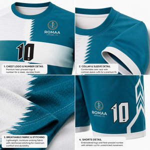 ชุดฟุตบอลสีขาวงาช้าง สีเขียวอมฟ้า แบบกำหนดเอง เสื้อคอกลม กางเกงขาสั้น ถุงเท้า ชุดออกแบบแยกส่วน สำหรับทีม ผลิตโดยโรงงาน OEM ระดับมืออาชีพ - Product Image 6