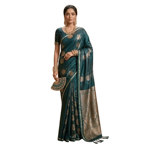 Sari de satén verde puro de diseñador, tejido a mano, con trabajo de zari dorado |   Elegante Saree Tradicional Festivo para Bodas para Mujeres - Product Image 1
