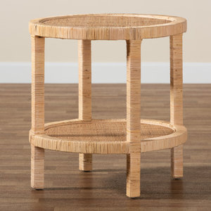 Table d'appoint en bois massif avec rangement en rotin et acajou pour meubles de salon - Product Image 1