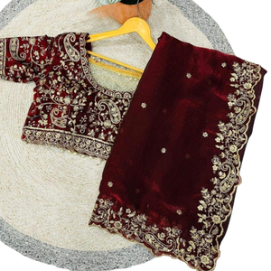 Sari en satin de soie de luxe Fandy en gros avec broderie de sequins |   Chemise Prête à Porter Cousue XXL 44 Pouces |   6 couleurs tendance - Product Image 3