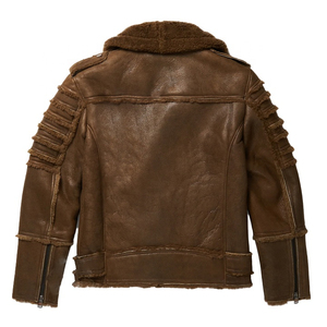 Muzamin Apparel <b>Men's</b> Real Brown Sheepskin <b>Shearling</b> Leather Flying <b>Jacket</b> Unique Stylish Fashion Casual Warm Heated Windproof - Product Image 2