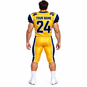ชุดยูนิฟอร์มอเมริกันฟุตบอลแบบกำหนดเอง สีเหลืองและสีน้ำเงินกรมท่า เสื้อฟุตบอลแบบซับลิเมชั่นพร้อมกางเกงบุฟองน้ำ - Product Image 4