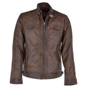 Veste en cuir véritable de style vintage, marron, en cuir de vachette, coupe slim, pour homme, style motard, veste asiatique pour homme - Product Image 4