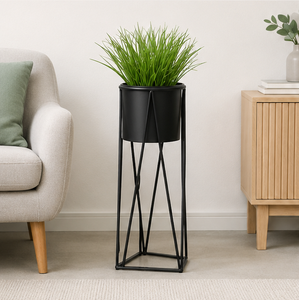 Black Metal Plant <b>Stand</b> with <b>Pot</b> Wrought Iron Floor Planter for Indoor & Outdoor Garden Decor Tall Geometric Flower Holder - Product Image 4