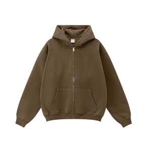 Sweat-shirt à capuche zippé pour homme, marron et blanc, en molleton de coton, coupe oversize, décontracté - Product Image 3