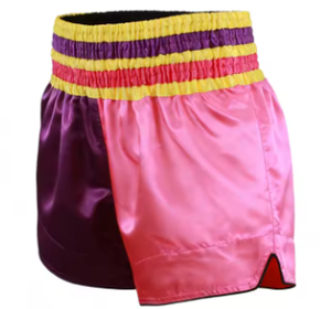 Shorts de boxe unisexe en polyester/coton imprimés par sublimation à blocs de couleur, rayures violettes, roses et jaunes, taille élastique, coupe ample - Product Image 5
