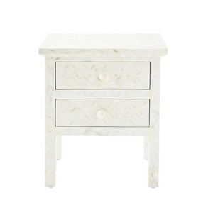 Custom handmade white geometric inlay <b>side</b> table and luxury two <b>drawer</b> Capiz nightstand cabinet for modern home decor wholesale - Product Image 1